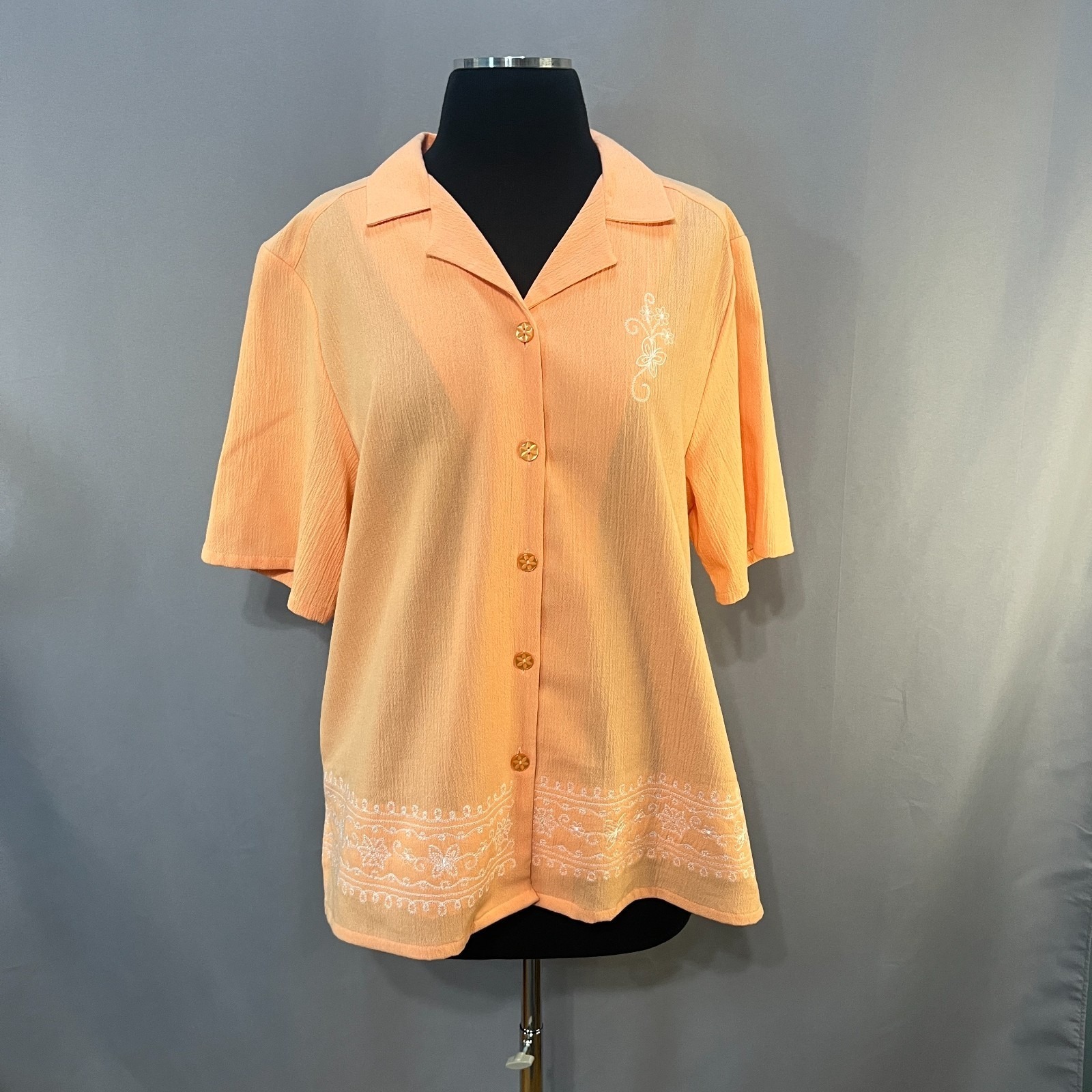 Bonworth Shirt Womens Medium Orange Floral Embroidered Hem Camp Collar Hawaiian